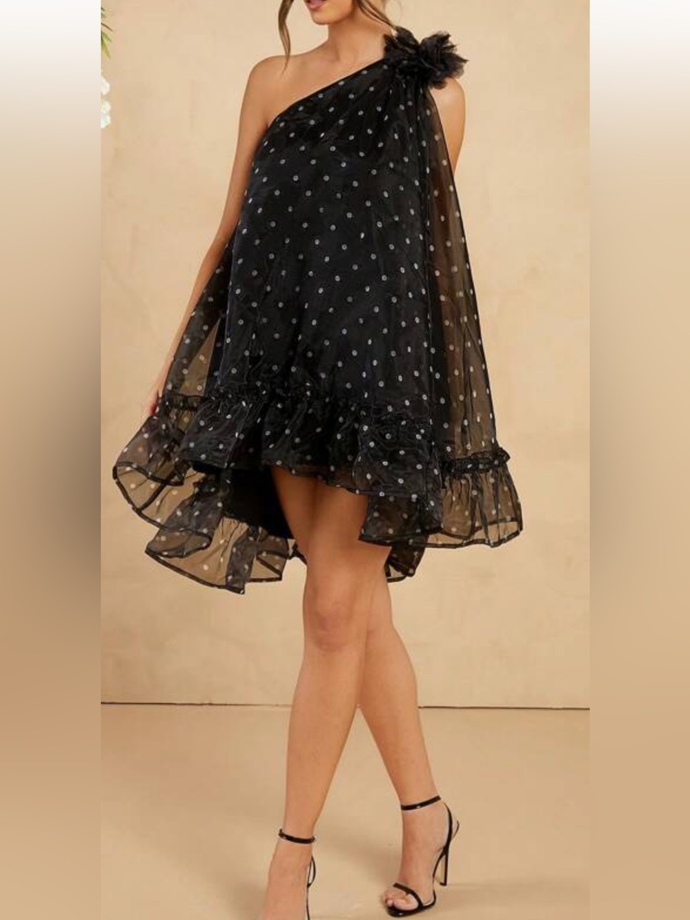 Black polka dot one shoulder dress